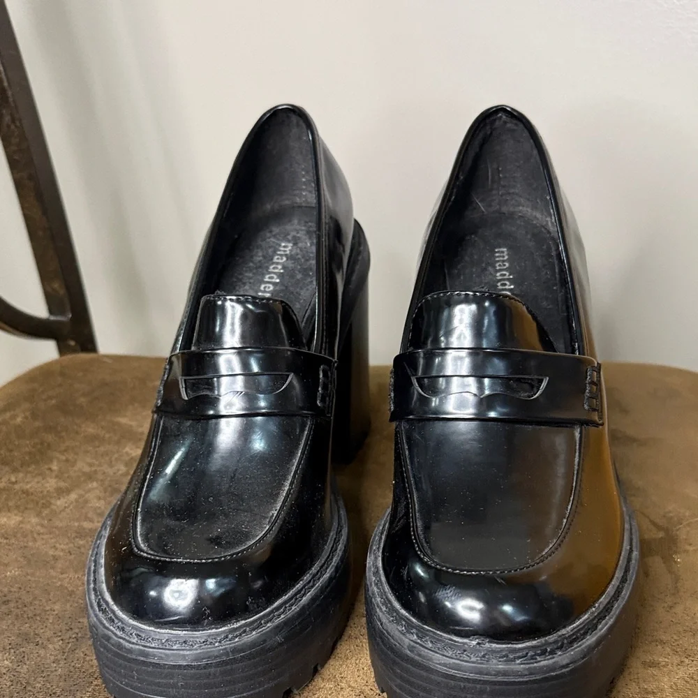 Madden Girl Shiny Black Chunky Loafers - Picture 3 of 6